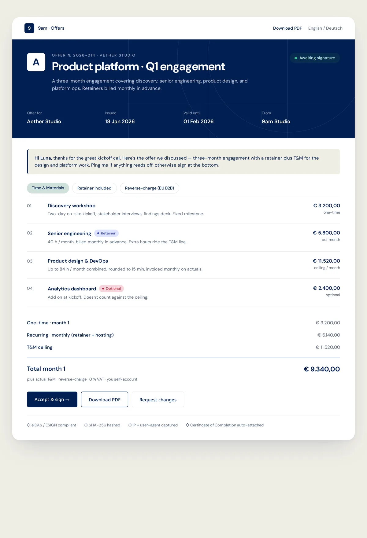 Client-facing offer with accept-and-sign button