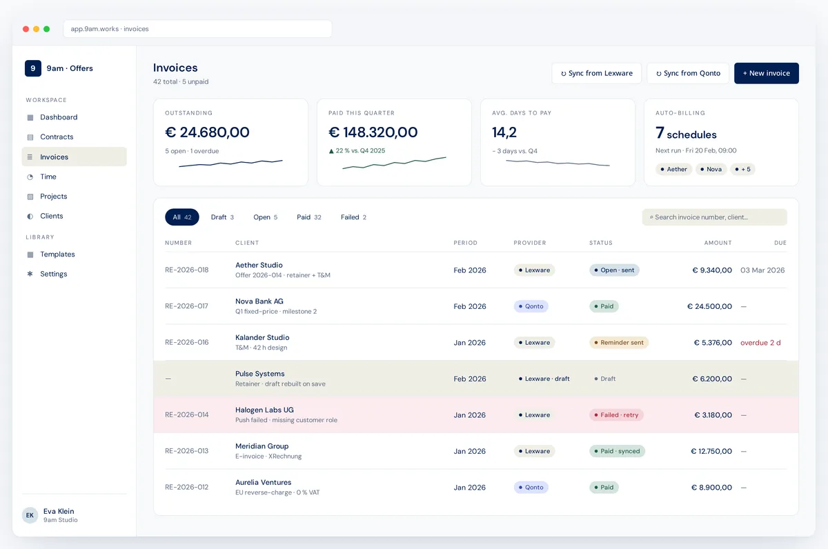 Invoice dashboard with status list
