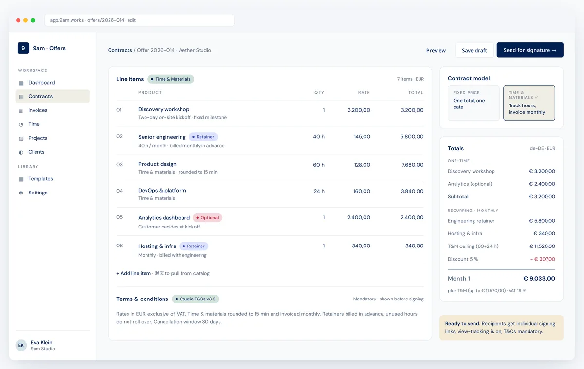 Offer editor with line items and totals